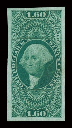 R79a, $1.60 Foreign Exchange, imperforate, four large to extra-large margins, lovely rich color and a crisp impression, faintly cancelled at right, tiny toned spot at top
which is quite trivial, otherwise extremely fine a handsome example of th