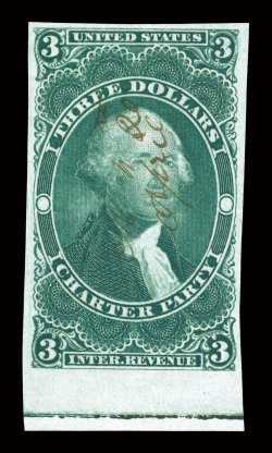 R85a, $3.00 Charter Party, imperforate, an especially handsome and choice used example, with four large to huge margins, including a full sheet margin at bottom, truly
prooflike color and impression on particularly bright paper, neat manuscript