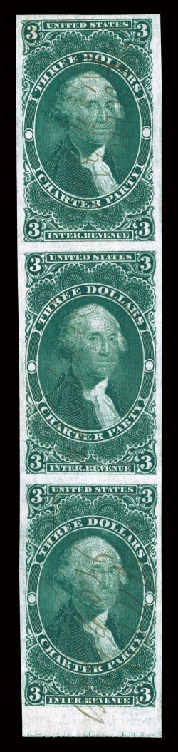 R85a, $3.00 Charter Party, imperforate, a most impressive bottom sheet-margin vertical strip of three, other margins also large, deep luxuriant color and a razor-sharp
impression, light ms. cancels, faint horizontal creases between stamps, top s