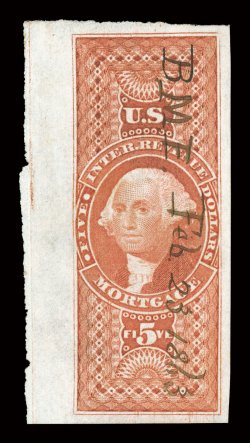R91a, $5.00 Mortgage, imperforate, a fabulous used example, boasting absolutely enormous margins all around, including a full sheet margin at left, rich luxuriant color, neat
B.M.E. Feb. 23, 1863 manuscript cancel, extremely fine gem a superb