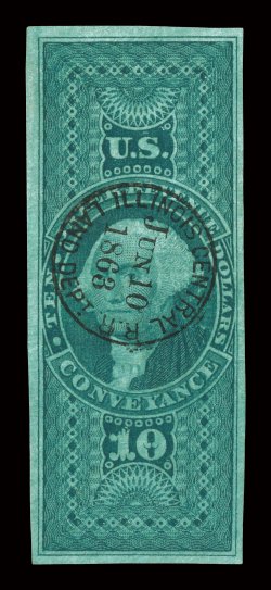R94a, $10.00 Conveyance, imperforate, used, four large to very large margins, deep intense color and a well defined impression, beautifully cancelled with a perfect central
strike of an Illinois Central R.R.Jun 10, 1863Land Dept. railroad