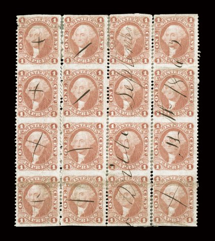 R1b, 1c Express, part perforated, reconstructed block of sixteen (4x4) made from a block of eight and two vertical strips of four, fresh color, light 1863 ms. cancel,
reinforced creases at top and bottom, fine appearance only two larger multipl