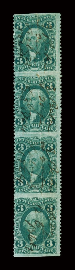 R18b, 3c Proprietary, part perforate, vertical strip of four, rich color, neat 1864 ms. cancels, horizontal crease causes some paper splitting, fine appearance only one larger
multiple is recorded ex-Judge Fay.