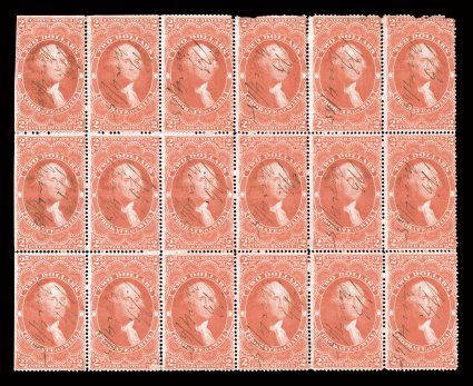 R83c, $2.00 Probate of Will, block of eighteen (6x3), deep rich color, light ms. cancels, light horizontal crease through center stamps, scissor cut perfs. at left, some perf.
faults at top, some small reinforcements, fine appearance the only k