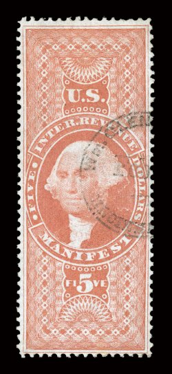 R90c, $5.00 Manifest, premium quality used example, particularly well centered within uncharacteristically large margins, bright color, portion of lightly struck circular
handstamp cancel, very fine and exceptionally choice.
