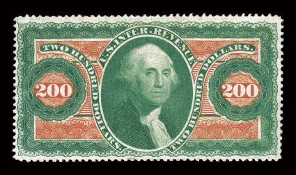 R102c, $200.00 Internal Revenue, brilliant colors, light embossed cancel (appears unused), very fine an attractive example of this high value.