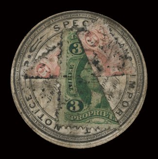 First issue unusual trio, with a bisect of both the 3c and 5c Proprietary used to pay the 4c tax on a bottle cap (probably perfume), 2c U.S.I.R. bisects of two different
stamps used to form a tete-beche single on piece of document, and a 15c In
