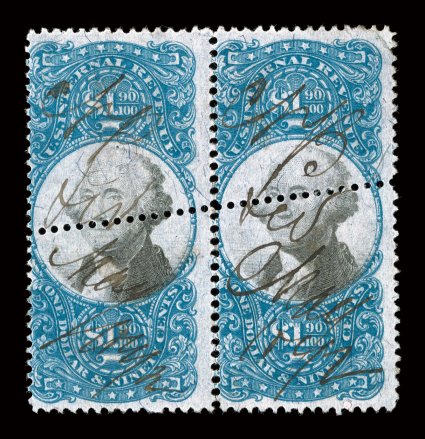 R122, $1.90 Blue and black, horizontal pair, bright colors, 1872 ms. cancels, extra horizontal perforation through the stamps (probably made at a later time), fine a pair is
the largest known multiple of this stamp, being one of only four (al