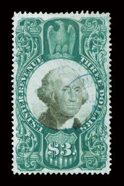 R147, $3.00 Green and black, used, incredibly well centered and margined, deep rich colors, very light blue handstamp cancel, extremely fine almost never encountered in this
gem condition.