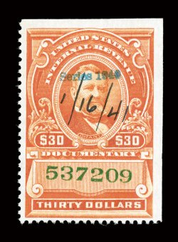 R282, $30.00 Vermilion, handstamped Series 1940 in green, gorgeous vibrant color, neat 1941 ms. cancel, faint horizontal crease in the top margin, otherwise
fine.