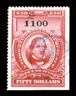 R306A, $50.00 Carmine, Series 1940, especially handsome used example of this key value, incredibly well centered within extravagantly large margins, radiant color, neat black
handstamp and three small punch hole cut cancels, extremely fine 1999