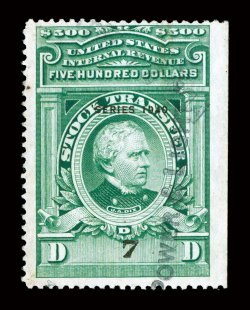 RD90, $500.00 Bright Green, Series 1940, bright color, cut cancel and light handstamp, small natural inclusion speck in the left margin, fine.