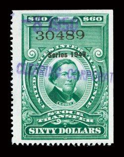 RD306, $60.00 Bright green, Series 1949, well centered within large margins, deeply rich color, violet handstamp cancel, very fine and choice.