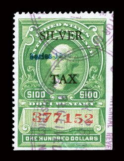 RG57, $100.00 Green, Series 1940, a well centered used example of this Silver Tax rarity, featuring strong rich color on bright fresh paper, neat violet double oval handstamp
cancels, accompanying certificate mentions a small surface scrape a