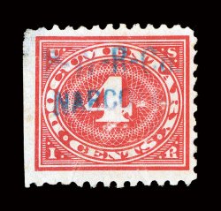 RJA28A, 4c Carmine rose, with P-W-R-Co.Narcotic blue handstamp overprint, a rarely seen example of this key value, natural s.e. at left, bright color, couple of trivial flaws,
fine for this.