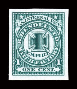 RO24TC1, B. Bendel & Co., 1c Green, trial color die proof on India, a desirable proof possessing large margins all around, brilliant green color and detailed impression,
extremely fine.