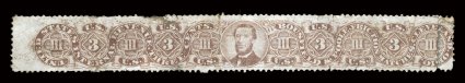 RO36a, Bousfield & Poole, 3c Lilac, a presentable example of this very difficult issue, flaws and repairs which are almost unavoidable in this large size stamp, fine
appearance only about a dozen copies are known.