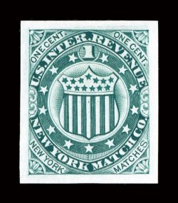 RO136T1, New York Match Co., 1c Green, trial color die proof on India, perfectly balanced large margins, detailed impression, very fine.