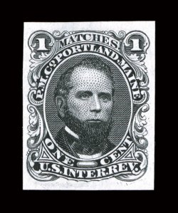 RO146P1 var., P. M. Co., 1c Black, die proof on India, double transfer, full to large margins, fresh color, showing a doubling of Matches. label, very
fine.