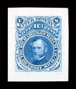 RO158TC1, The Richardson Match Co., 1c Blue, trial color die proof on India, mounted on white card, large full size margins, attractive color, card thins, extremely
fine.