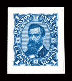 RO171TC1, H. Stanton, 1c Blue, trial color die proof on India, mounted on card, large balanced full size margins, striking intense color, card thins, extremely
fine.