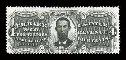RS27e, T. H. Barr & Co., 4c Black, experimental silk paper, strong detailed impression, small faults, fine.