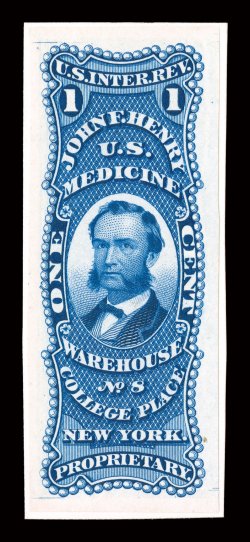 RS114TC1, Henry, John F., 1c Blue, trial color die proof on India, mounted on thin white card, large full size margins, beautiful color, usual card thins, extremely
fine.