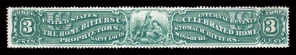 RS129b, The Home Bitters Co., 3c Green, silk paper, well centered within large margins, rich luxuriant color, light vertical crease, otherwise very fine.