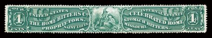 RS130b, The Home Bitters Co., 4c Green, silk paper, nicely centered, deep rich color, thin spot, very fine appearance.