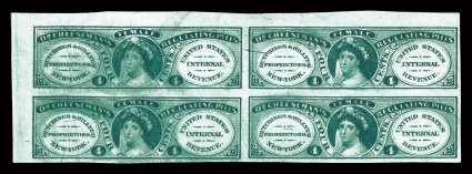 RS141b, Hutchings & Hillyer, 4c Green, silk paper, mint top left sheet-margin block of four, full margins all around, strong color and impression, large part o.g., extremely
fine.