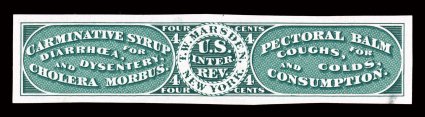 RS176TC1, Marsden, T. W., 4c Green, trial color die proof on India, large full size margins, rich color, minor thin spot, extremely fine appearance.