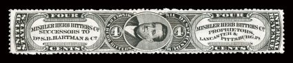 RS181d, Mishler Herb Bitters Co., 4c Black, watermarked, unusually well centered for this stamp, strong impression, few creases, otherwise very fine.