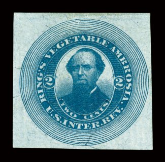 RS199b, Rings Vegetable Ambrosia, 2c Blue, silk paper, imperforate, single with large margins on all four sides, this stamp is noteworthy for its especially pretty color with
attractive plate wash giving the paper a lovely bluish cast, faint cr