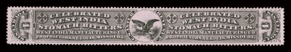 RS264c, West India Mfg. Co., 4c Black, Die I, pink paper, uncharacteristically well centered amid large margins, fresh color contrasted nicely by the subtle pink shade of
paper, tiny thin spot that does not detract from its very fine and choice