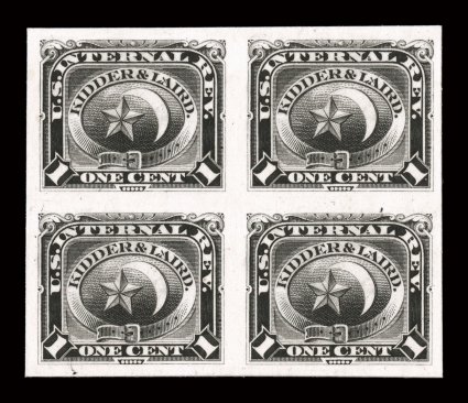 RT12TC3, Kidder & Laird, 1c Black, trial color plate proof on India, mounted on white card, block of four, large margins all around, fresh color and sharp detailed impression,
very fine.