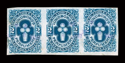 RT28d, Young, Ladd & Coffin, 2c Blue, imperforate, watermarked, horizontal strip of three, full to mostly large margins all around, deep rich color and strong impression,
cancelled by violet  handstamp, very fine.