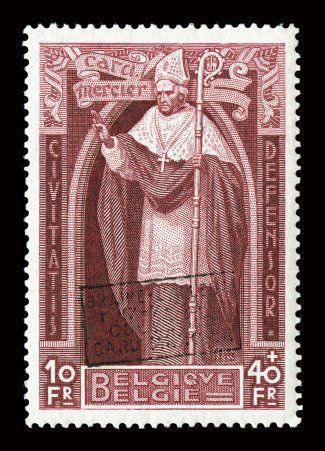 B114-22 var., 1933 10c + 10c to 10Fr + 40Fr Mercier, with boxed Braine-LAlleud+17-7-33+CollegioCard. Mercier handstamp cplt., fresh set that is generally well centered, o.g.,
lightly hinged, very fine an exceptionally rare set that was on