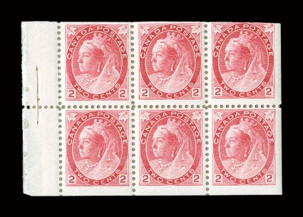 77b, 1900 2c Carmine, Die II, Numeral, booklet pane of six, bright and fresh, the interleaving is still attached to the tab, but does not affect the stamps in any way, the
stamps being o.g. and never hinged, a fine example of this scarce pane