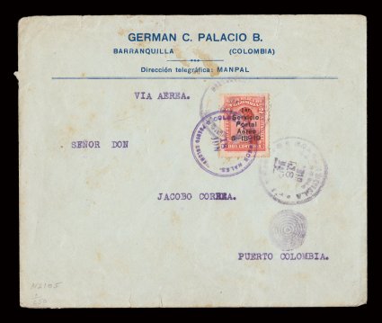 C1, 1919 10c Rose air post, well centered single with intact perforations tied by the usual 18 June flight cancels on German C. Palacio B. imprinted cover, envelope with a few
minor tears and light toned spots not affecting the stamp, fine 1980