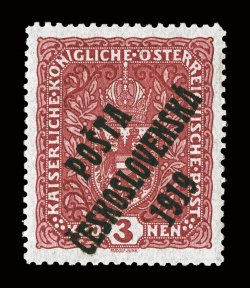 B19a, 1919 3K Claret with type II PostaCeskoslovenska1919 overprint, a remarkably choice example of this rare stamp, being perfectly centered within large margins, sumptuously
rich color and a crisp impression, o.g., never hinged, extremely