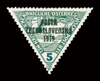 B33, 1919 5h Deep green on yellow with PostaCeskoslovenska1919 overprint, exceptionally well centered, bright and fresh, o.g., very fine and quite scarce signed Leseticky and
accompanied by a 1948 Friedl Company guarantee (Michel 68 Ç1,10