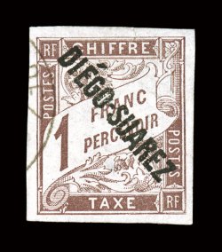J13, 1892 1Fr Brown postage due, with Diego-Suarez ovpt., four large margins, bright fresh color, unusually light and unobtrusive cancel, small thin spots, otherwise very fine
the rarest stamp of the colony 2000 Behr certificate (Yvert TT13