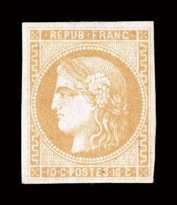 42, 1870 10c Bister on yellowish, Ty. A, attractive mint single, four large balanced margins , fresh color on bright paper, o.g., quite lightly hinged, very fine signed Calves
(Yvert 43A Ç1,000).