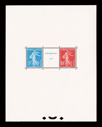 241, 1927 Strasbourg Exhibition souvenir sheet, remarkably fresh mint sheet, crisp and well centered, stamps have lovely bright colors on white paper, o.g., n.h., sheet has
been trimmed 1mm at right (measures 110x140mm), very fine (Yvert Bloc 2