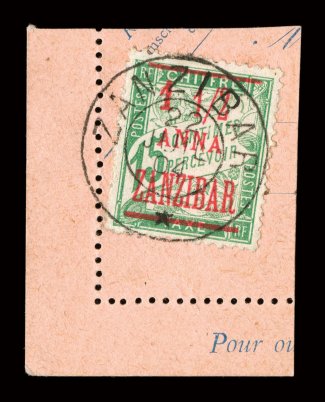62, 1904 1 12 Anna surcharge on 15c Green, used (which is the only way this stamp is known), tied to piece of letter sheet by full c.d.s. postmark, exceptionally bright and
fresh, very fine signed A. Brun and accompanied by a 2000 Behr certi
