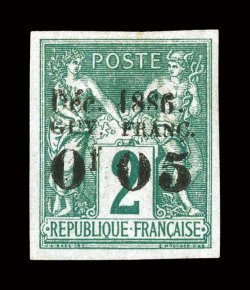1, 1886 0f05 Surcharge on 2c Green on greenish, unused as usual, four large even margins, especially rich color and strong impression, very fine signed H. Bloch, A. Brun and
accompanied by a 1998 PF certificate (Yvert 1a Ç900).