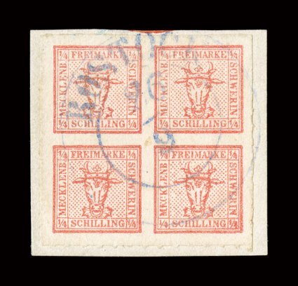 4, 1864 Four 14s Red, tied to piece by light blue Rostock c.d.s., full margins with roulettes on two sides, unusually bright and fresh, very fine signed Kohler and accompanied
by a 1981 Buhler certificate (Michel 4 Ç2,200).