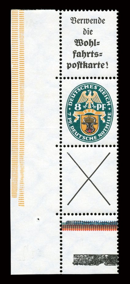 Michel S66, 1929 8pf + 7pf se-tenant strip with label at top and X at bottom, bottom left corner margin strip of three, wonderfully bright and fresh, o.g., n.h., very fine
this and the next lot are the two rarest se-tenant strips from the ser