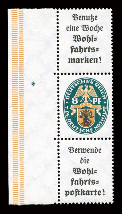 Michel S67, 1929 8pf + 7pf se-tenant strip of three with labels at top and bottom, left sheet-margin strip, exceptionally fresh, o.g., n.h. (hinged in selvage only), very fine
and choice.