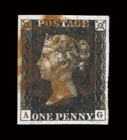 1, 1840 1p Black, lettered A-G, handsome used example of the worlds first stamp, uncommonly large and balanced margins all around, deep intense color and a prooflike
impression on bright paper, red Maltese Cross cancel, extremely fine 2007 PF